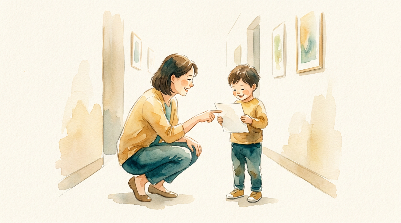 Pai e criança comemoram juntos progresso no aprendizado com sorriso de orgulho.