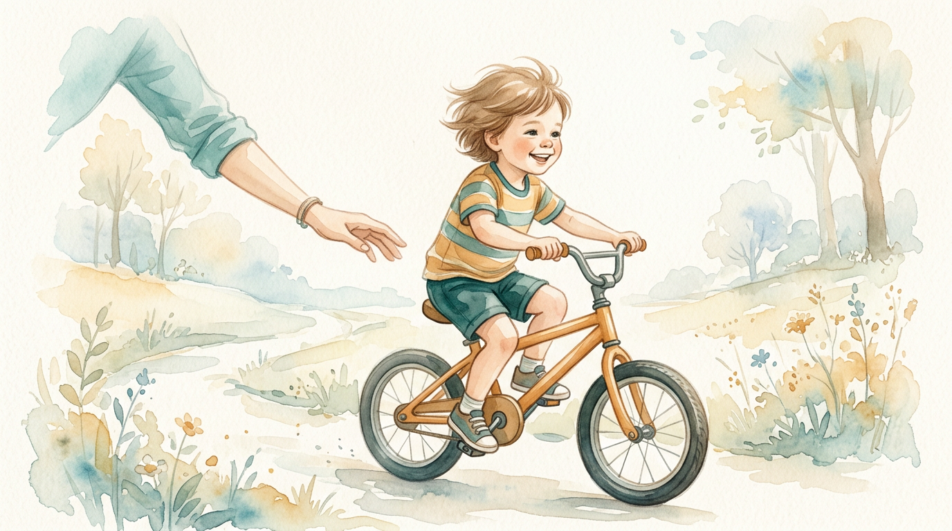 Criança pedalando bicicleta enquanto mão dos pais se afasta, simbolizando independência.