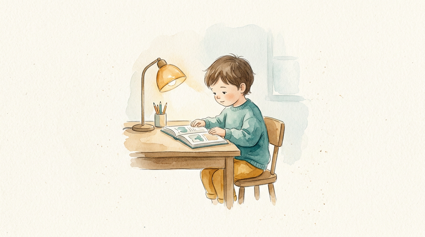 Criança estudando sozinha em mesa, ambiente silencioso e organizado.