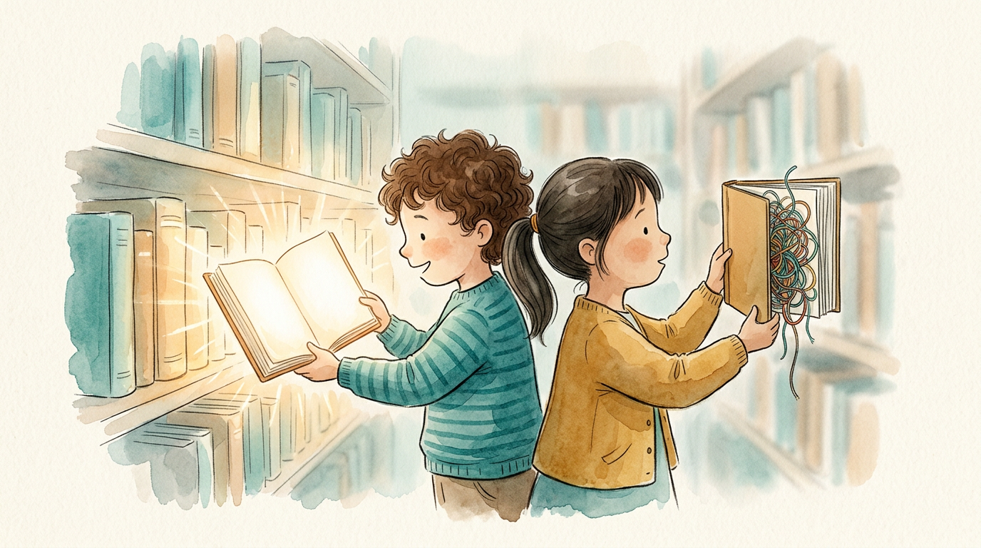 Duas crianças na biblioteca, uma lendo facilmente, outra com páginas confusas.