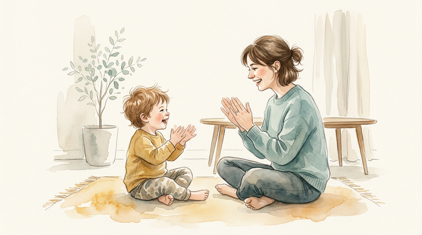 Cuidador e criança brincando de bater palmas para separar sílabas sorrindo.