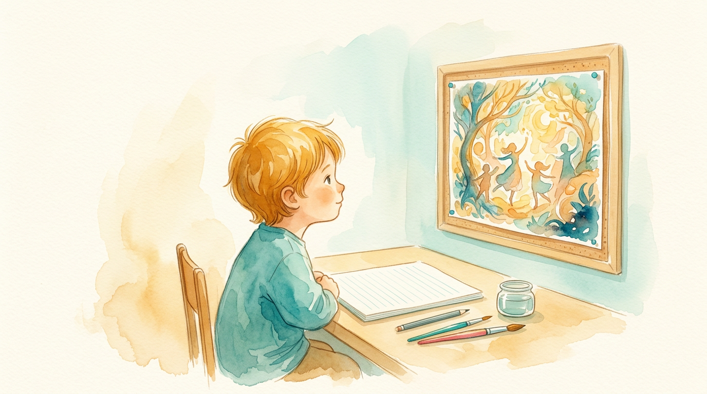 Criança com desenho detalhado ao lado de página quase em branco.