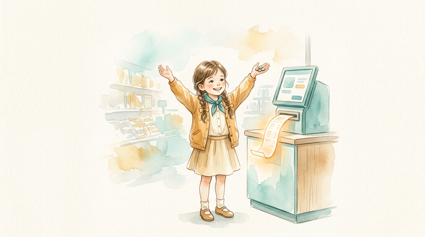 Criança vitoriosa no supermercado com moedas na mão e sorriso confiante.