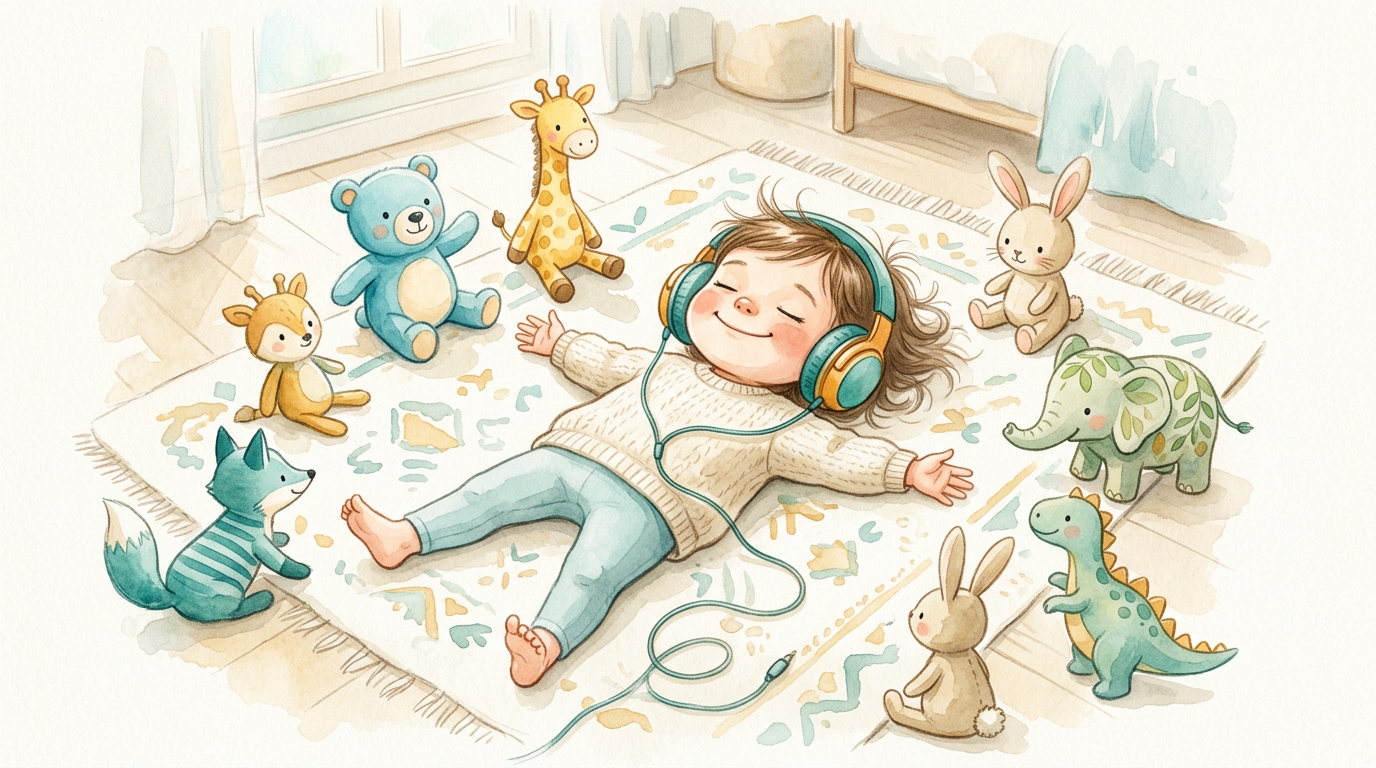 Criança deitada ouvindo audiobook com fones grandes, sorrindo e brincando.