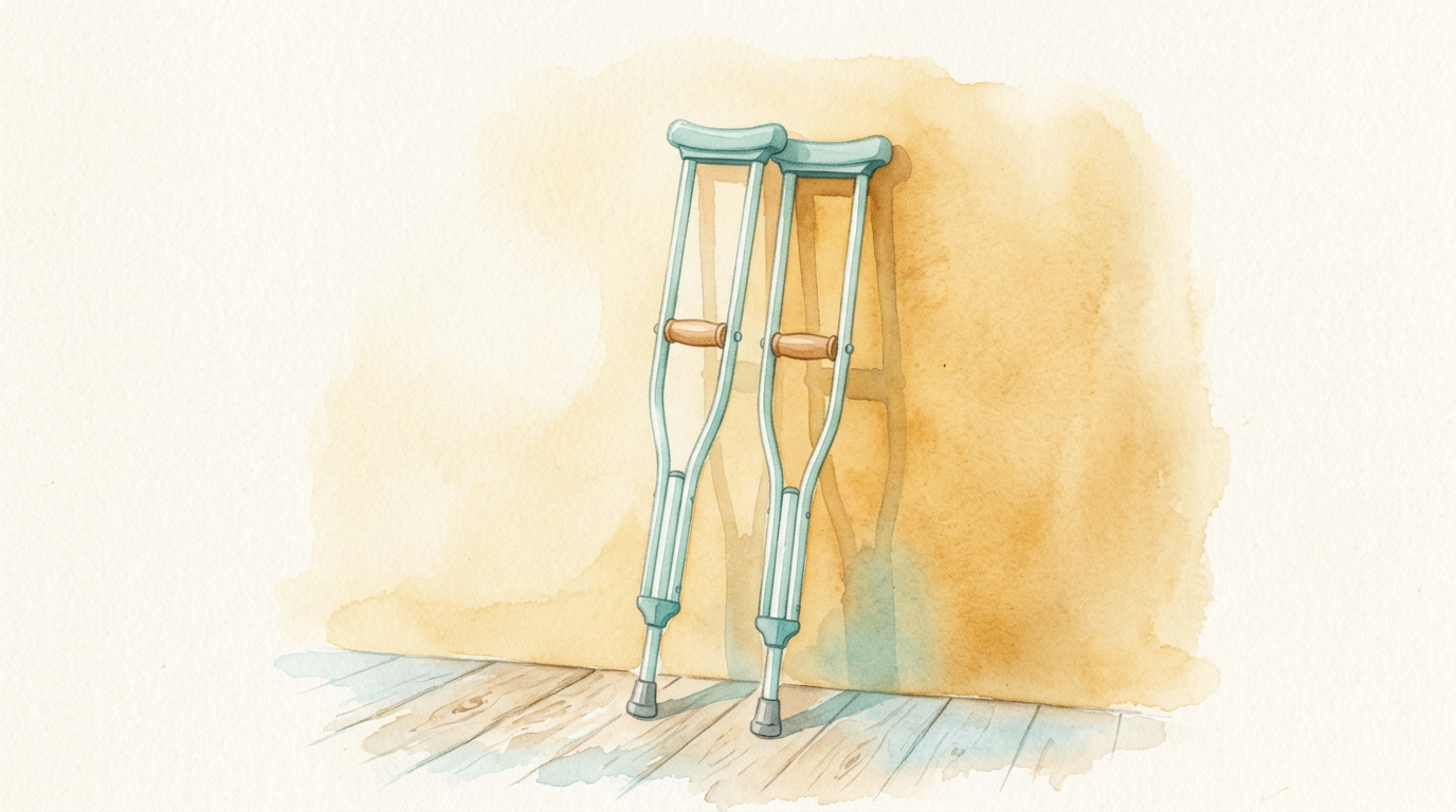 Muletas apoiadas na parede simbolizando a superação gradual da criança.