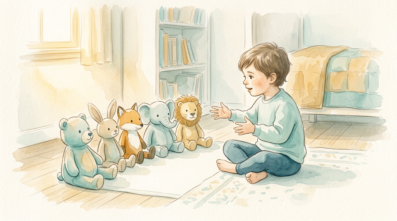 Criança explicando atentamente para uma fileira de bichos de pelúcia.